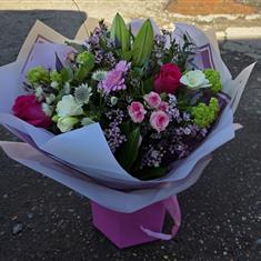 Florist Choice Hand Tied in Candy Pink Hat box